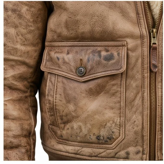 Men's Hand-Distressed Light Brown Aviator Leather Bomber Jacket - Image 4