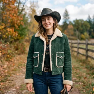 Women’s Emerald Green Suede Shearling Western Jacket