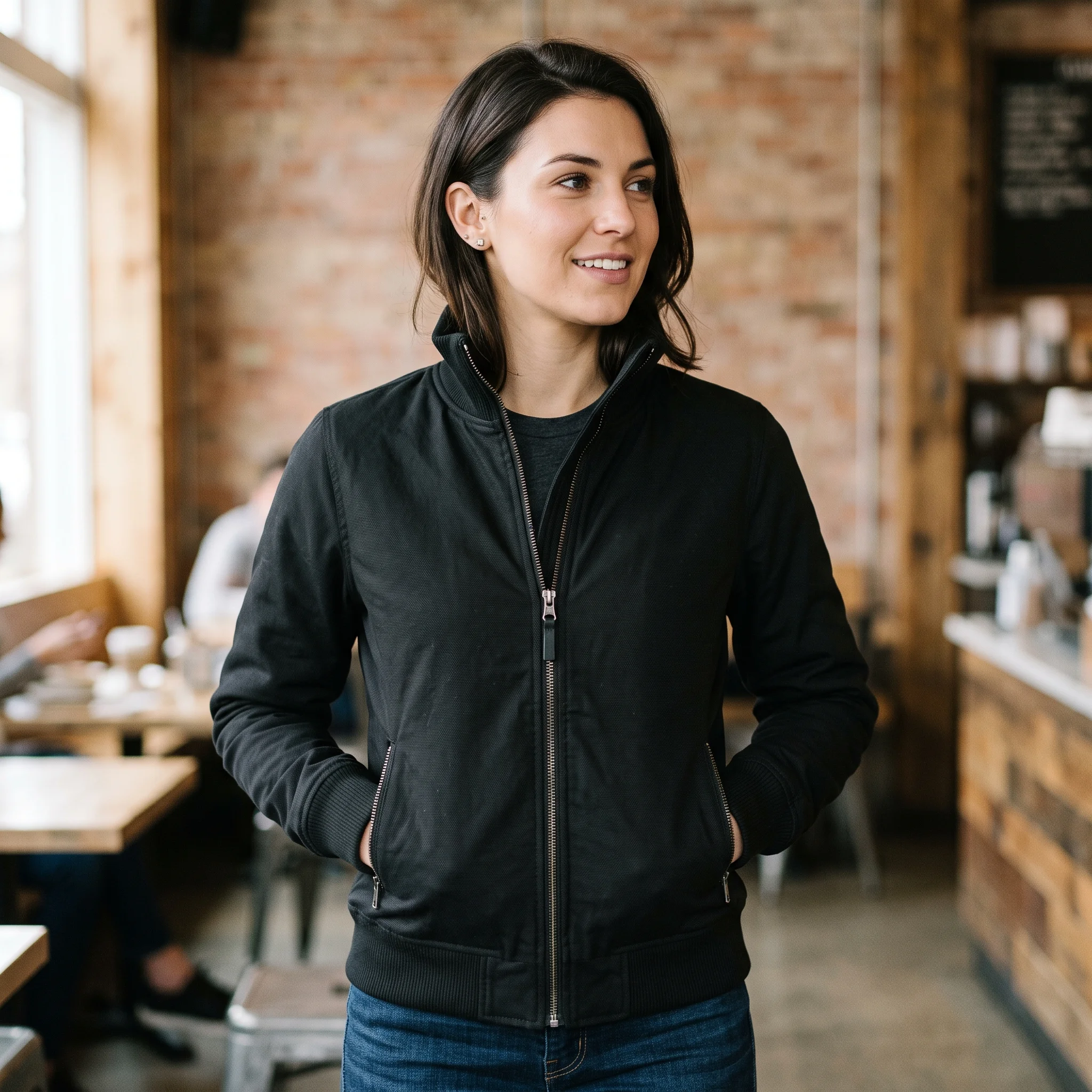Women’s Black Funnel Neck Bomber Jacket