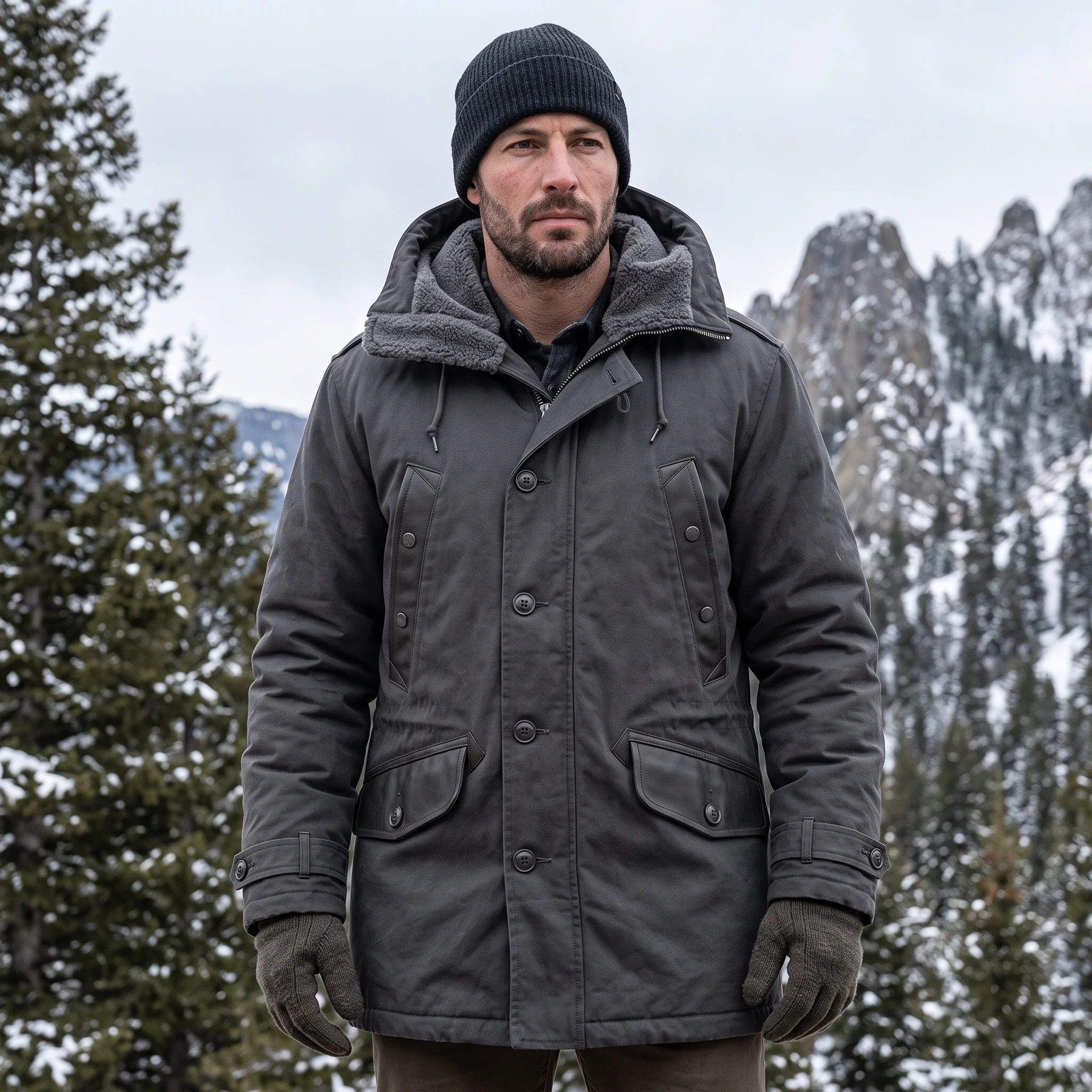 Men's Heavy-Duty Arctic Canvas Parka with Shearling-Lined Hood