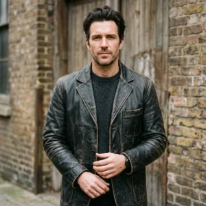 Men’s Vintage Distressed Black Leather Blazer Coat