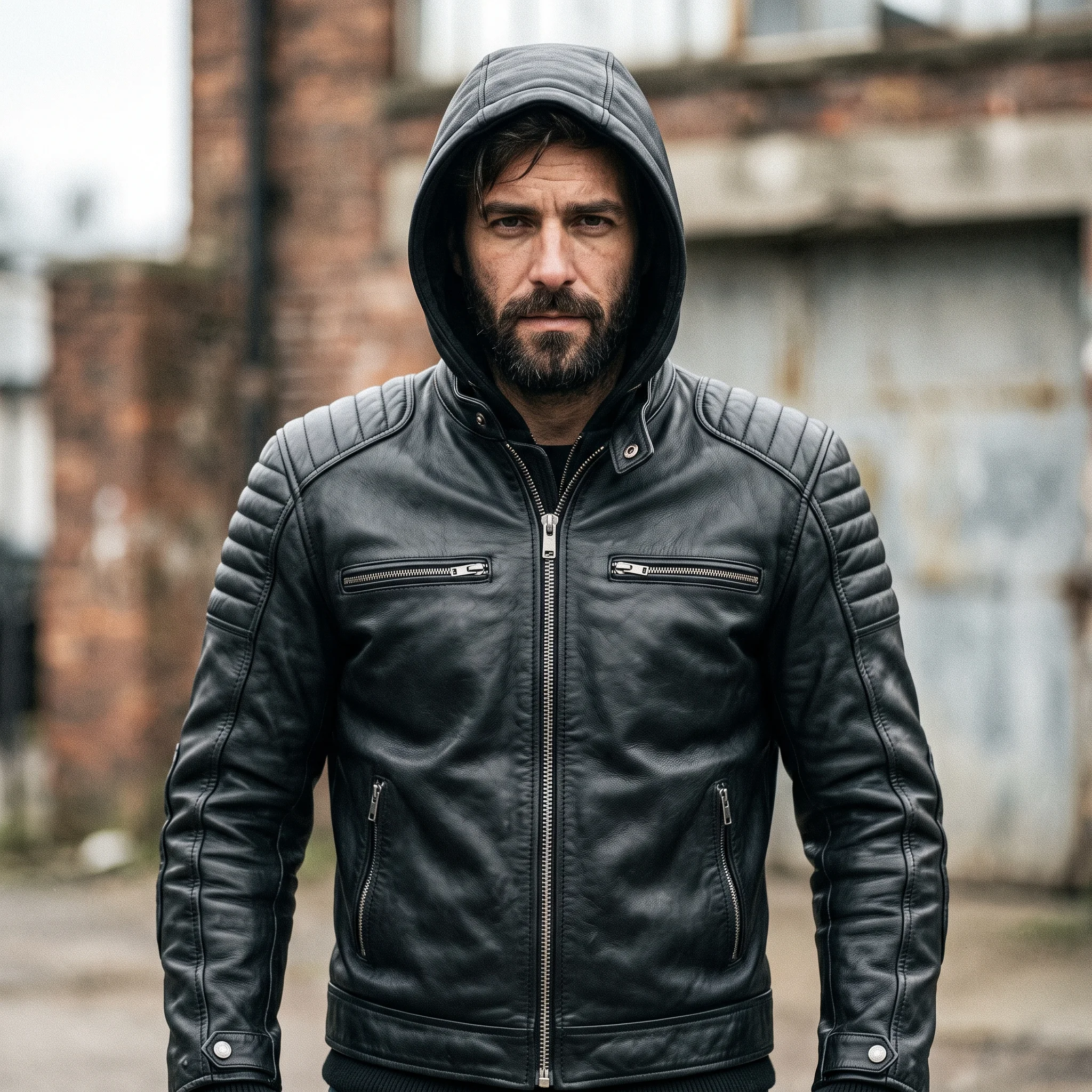 Men's Black Hooded Leather Racing Jacket