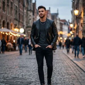 Men’s Fitted Black Leather Blazer Jacket