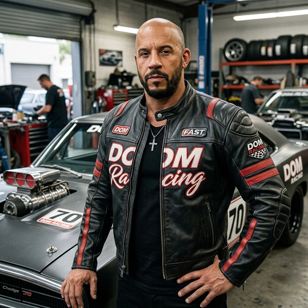 Men's Dom Racing Black & Red Genuine Leather Biker Jacket