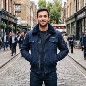 Men's Navy Blue Aviator Bomber Jacket with Ribbed Cuffs & Sherpa Collar