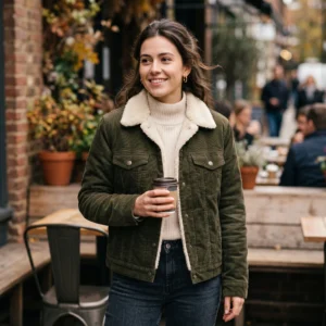 Women’s Olive Green Corduroy Shearling Trucker Jacket