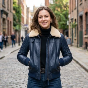 Women’s Navy Blue Aviator Leather Jacket with Shearling Collar
