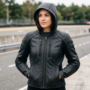 Women’s Black Hooded Racing Leather Jacket