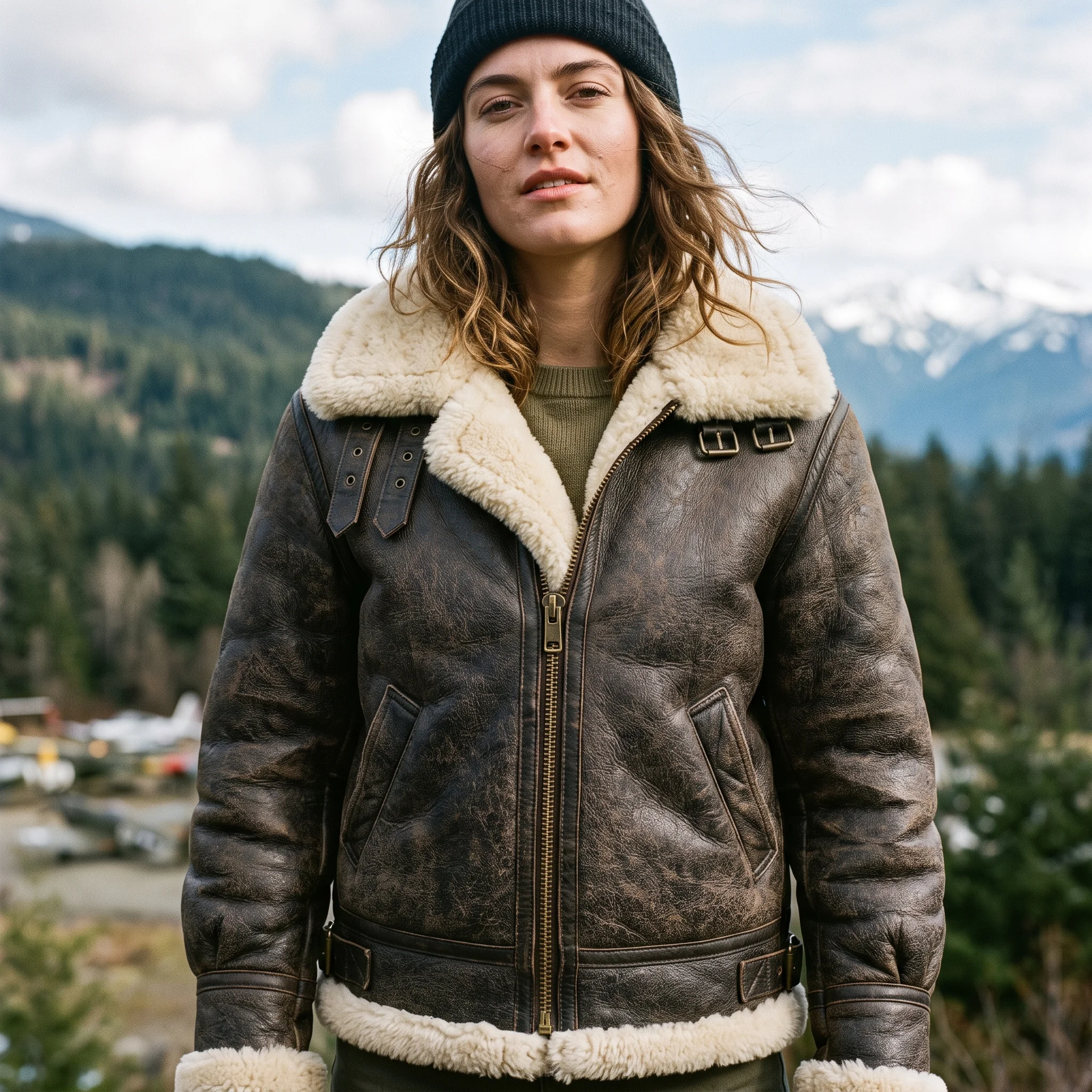 Heavyweight Distressed Brown Shearling Aviator Flight Jacket