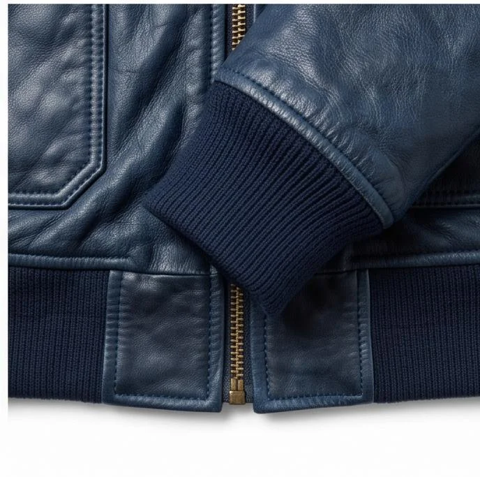 Men's Blue Genuine Leather Military Flight Bomber Jacket - Image 3