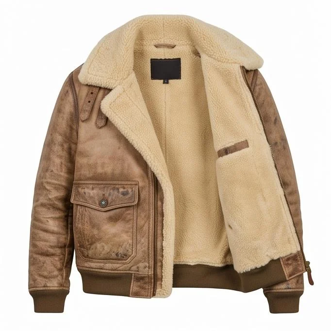 Men's Hand-Distressed Light Brown Aviator Leather Bomber Jacket - Image 2