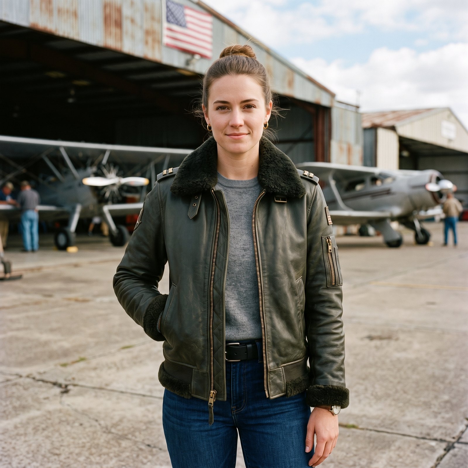 Women's Olive Green Aviator Flight Jacket with Fur Collar