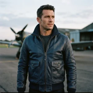 Men's Blue Genuine Leather Military Flight Bomber Jacket