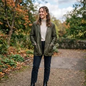 Women’s Relaxed Fit Olive Green Real Leather Blazer