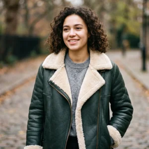 Women’s Forest Green Shearling Lined Leather Jacket