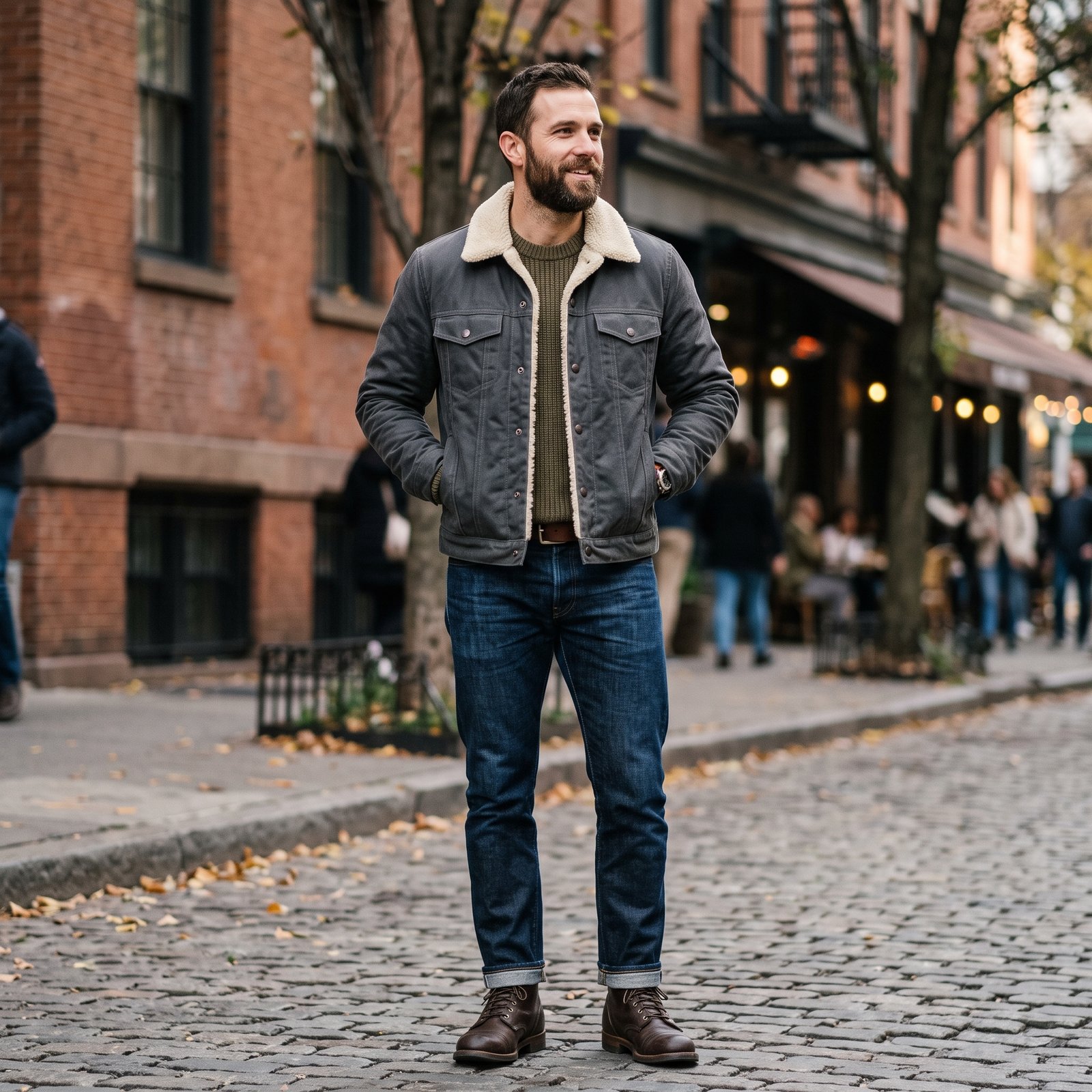 Men's Charcoal Gray Canvas Shearling Trucker Jacket