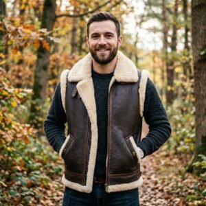 Men's Dark Brown Shearling Vest with Cream Wool Collar