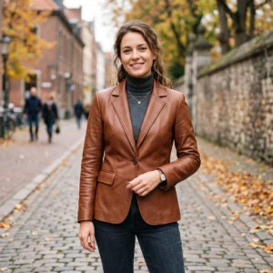 Women's Single-Button Cognac Brown Leather Blazer