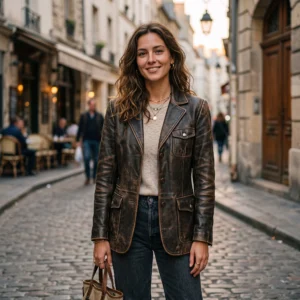Women’s Vintage Distressed Brown Leather Blazer Coat