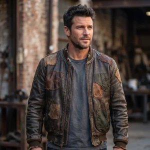 Men's Distressed Brown Patchwork Bomber Jacket