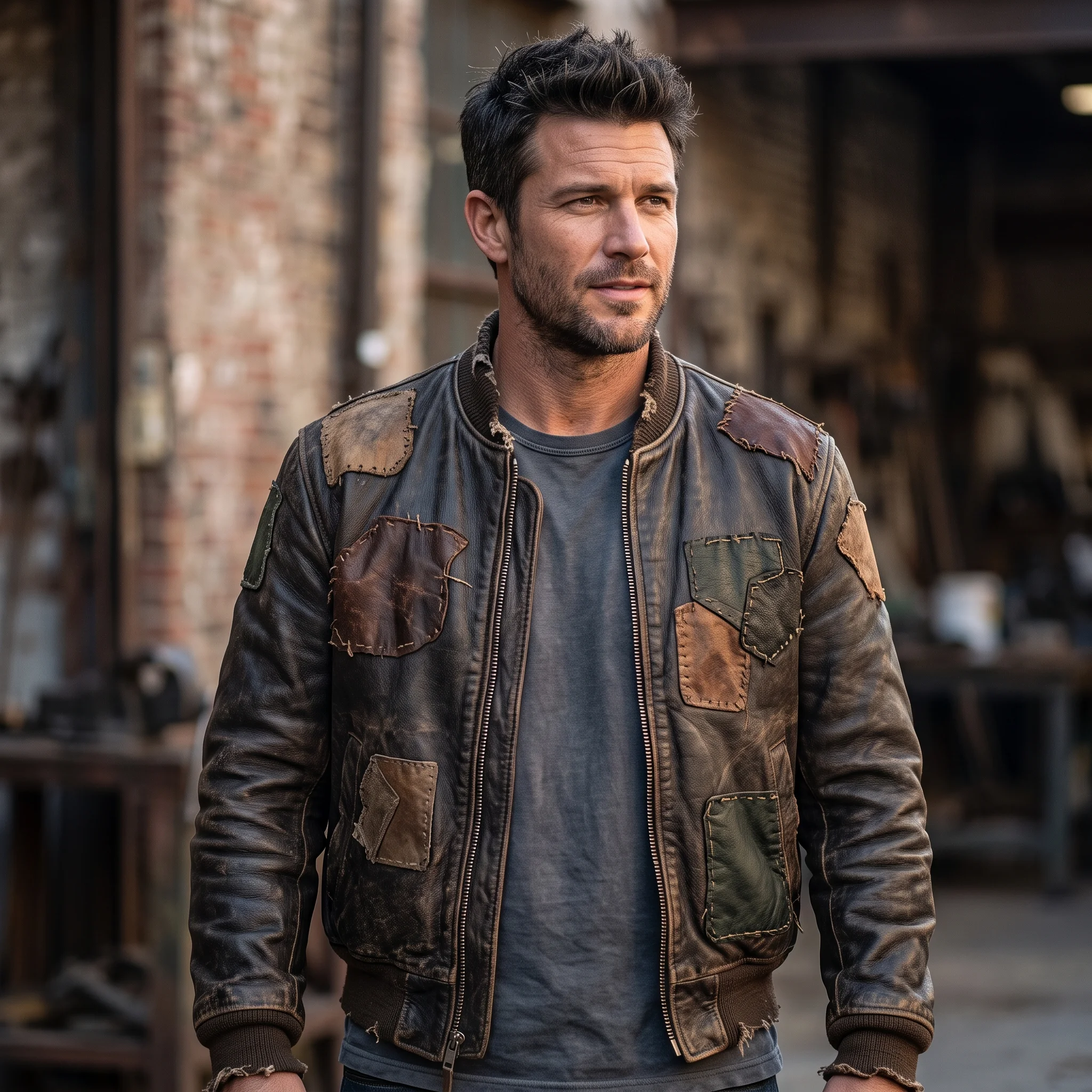Men's Distressed Brown Patchwork Bomber Jacket