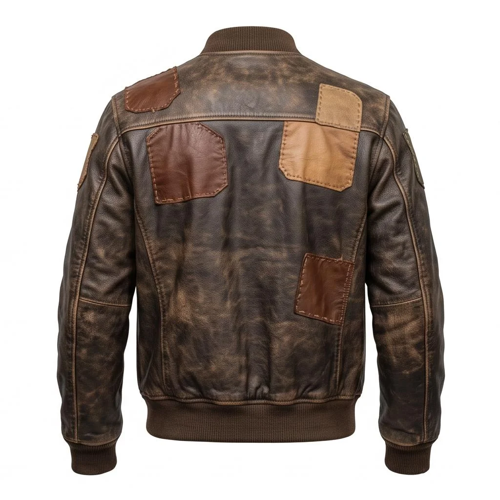 Men's Distressed Brown Patchwork Bomber Jacket - Image 3