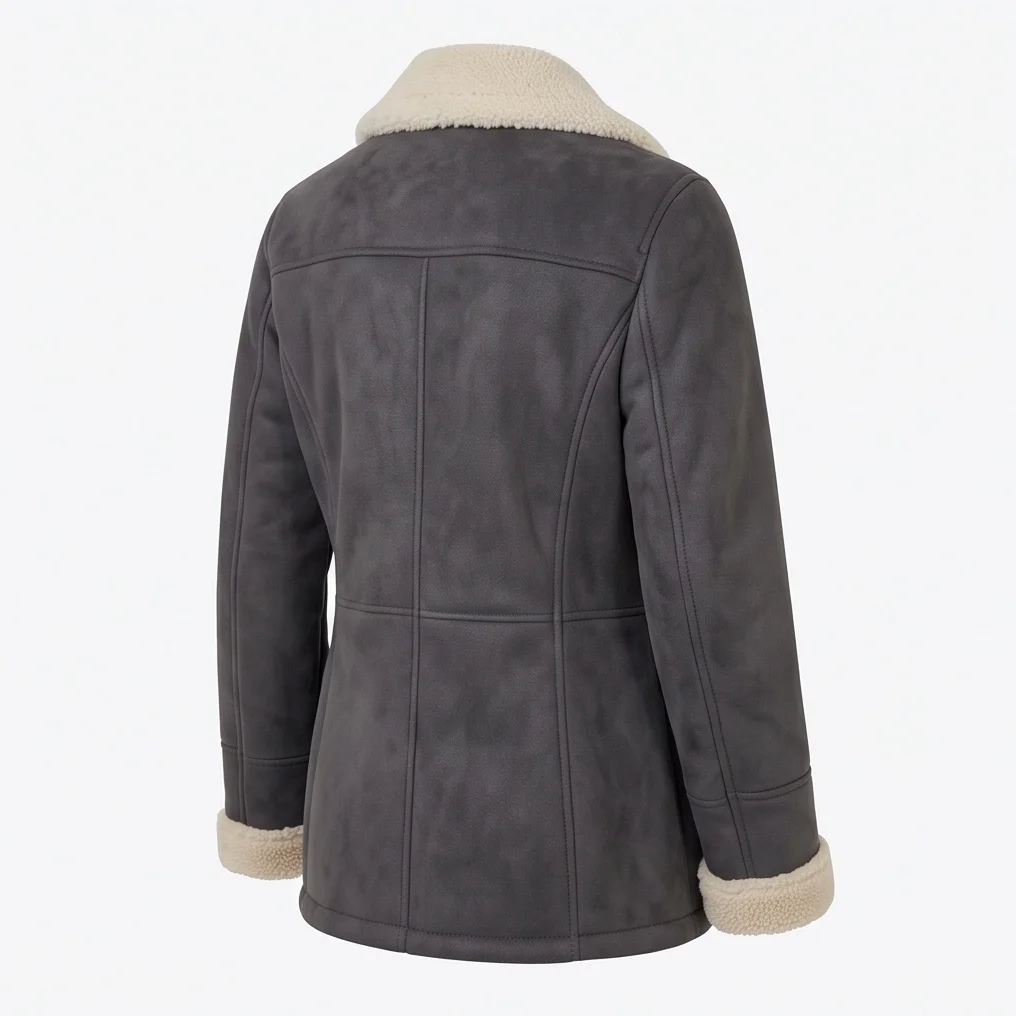 Women’s Charcoal Grey Double-Breasted Suede Shearling Peacoat - Image 4