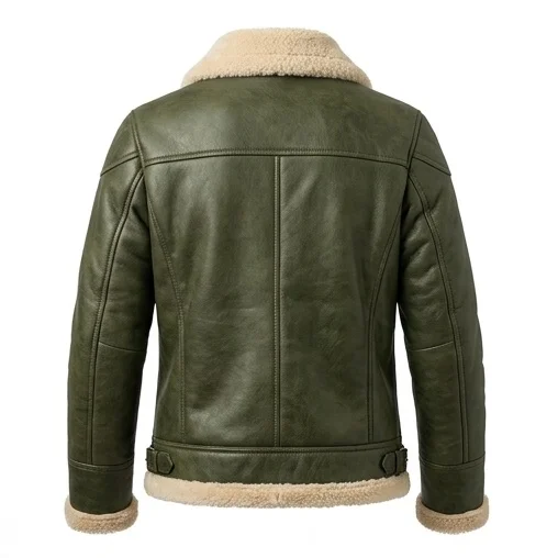 Women's Olive Green Shearling Café Racer Leather Jacket - Image 2