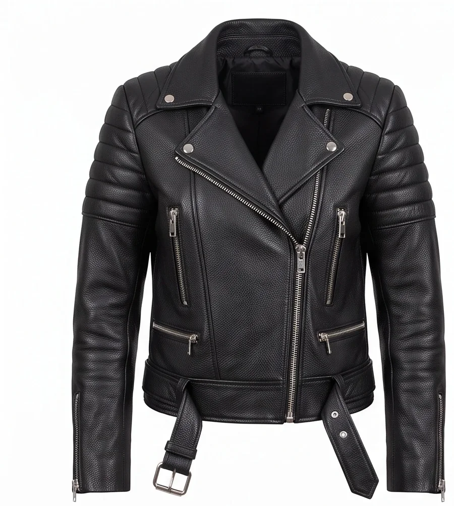 Women's Black Quilted Shoulder Leather Biker Jacket - Image 2