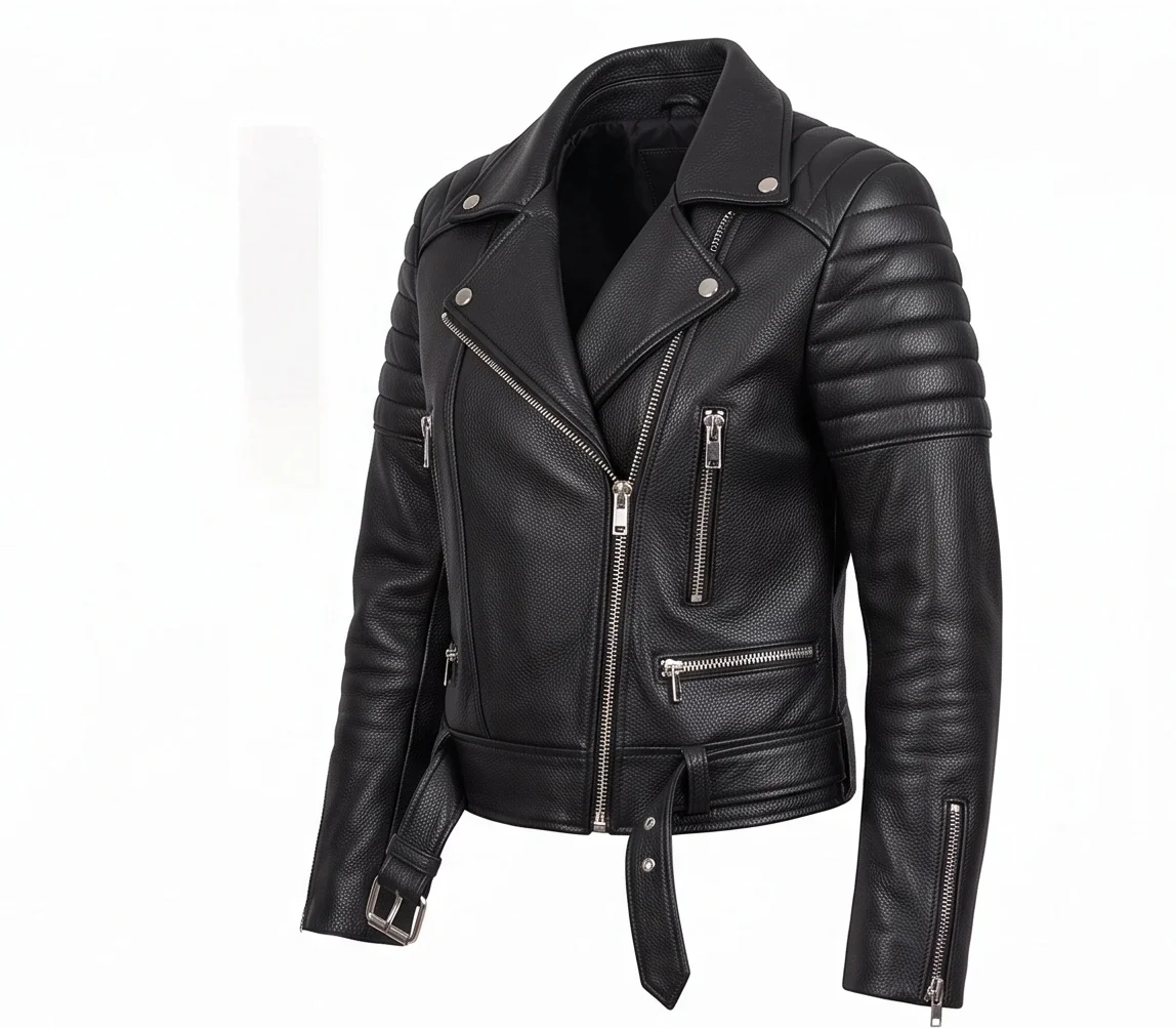 Women's Black Quilted Shoulder Leather Biker Jacket - Image 3