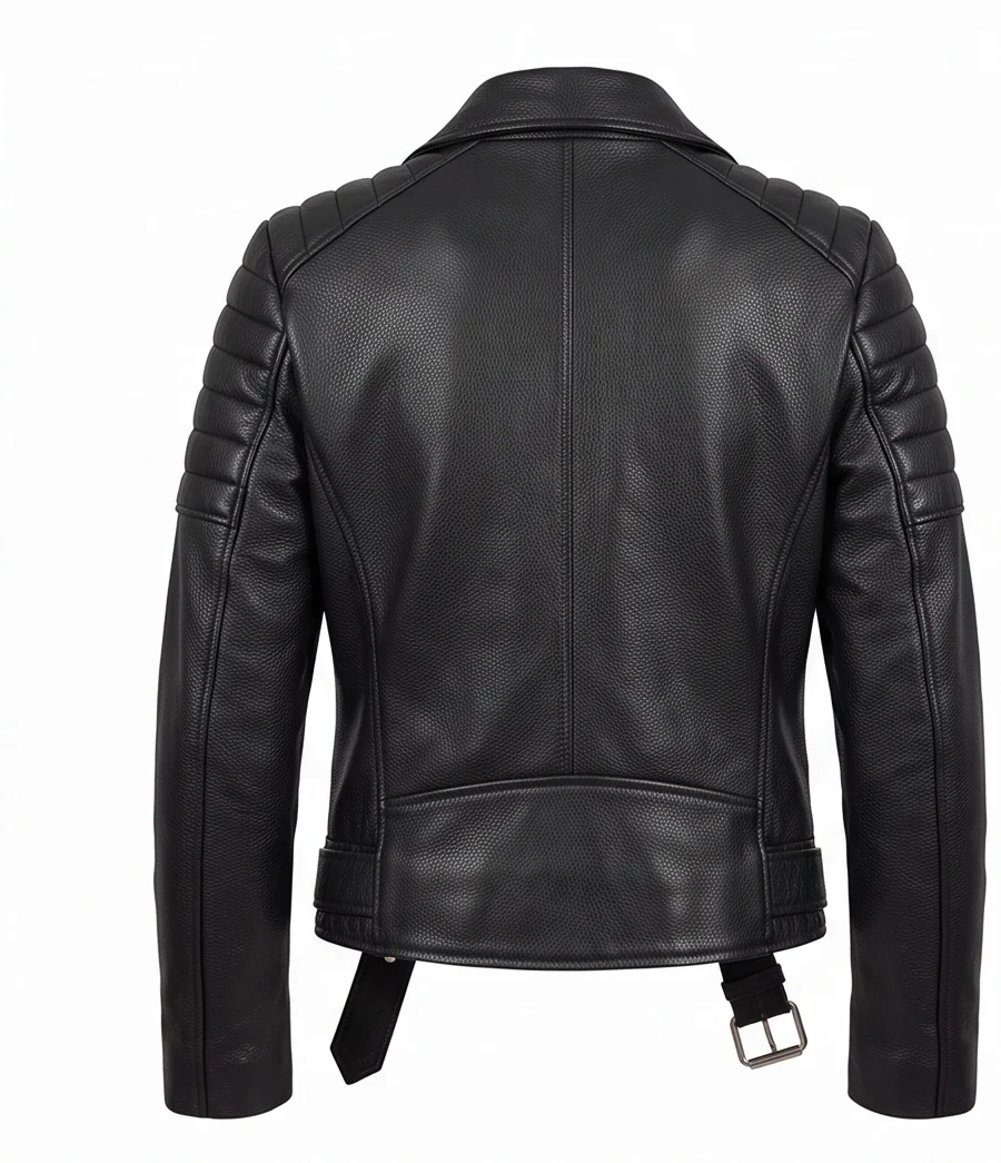 Women's Black Quilted Shoulder Leather Biker Jacket - Image 4