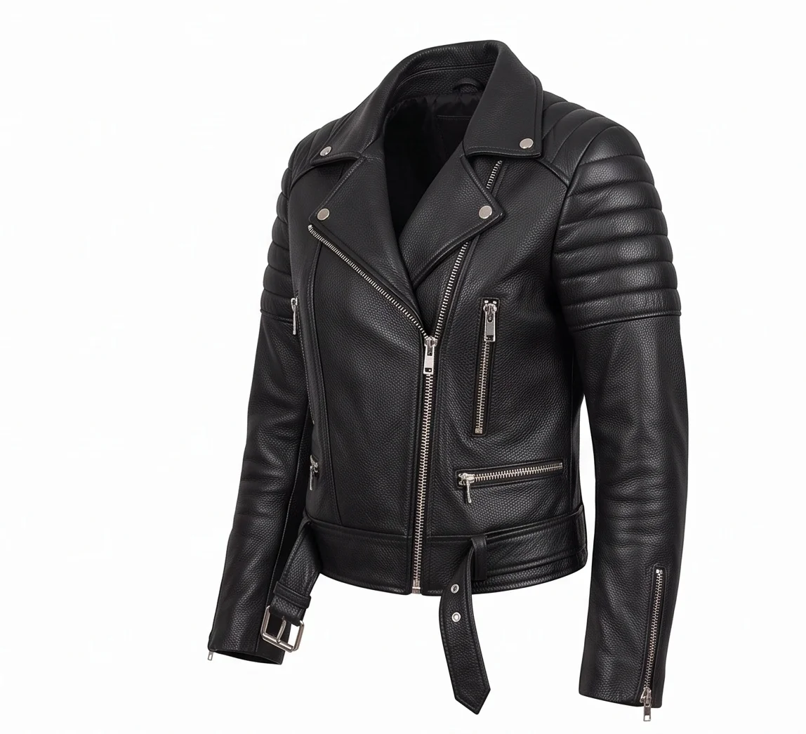 Women's Black Quilted Shoulder Leather Biker Jacket - Image 5