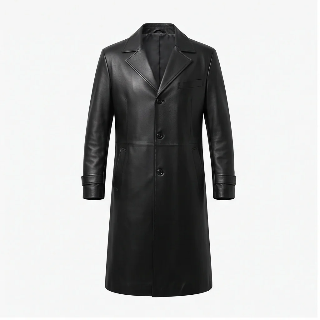 Matrix Inspired Black Long Leather Trench Coat - Image 3