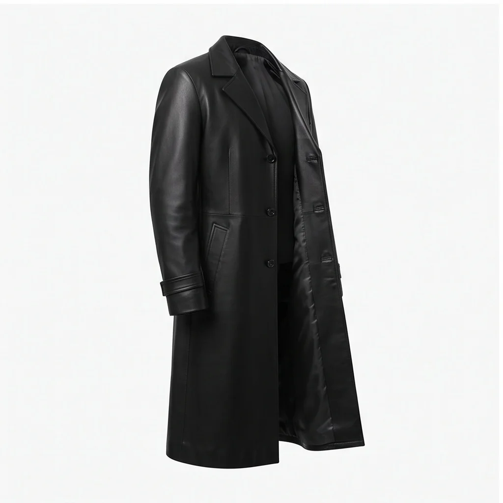 Matrix Inspired Black Long Leather Trench Coat - Image 4
