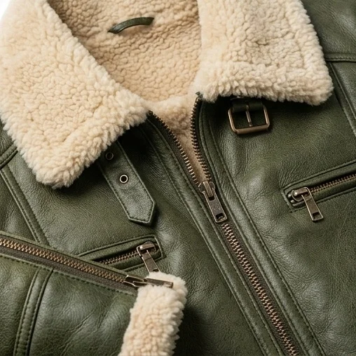 Women's Olive Green Shearling Café Racer Leather Jacket - Image 4