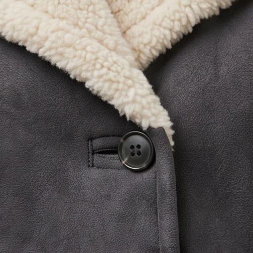 Women’s Charcoal Grey Double-Breasted Suede Shearling Peacoat - Image 5