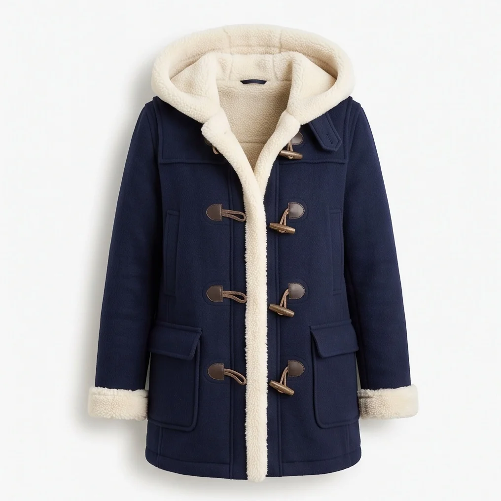 Women’s Midnight Navy Shearling Lined Wool Duffle Coat - Image 2