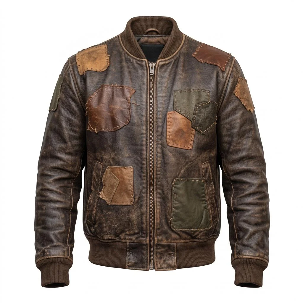 Men's Distressed Brown Patchwork Bomber Jacket - Image 4