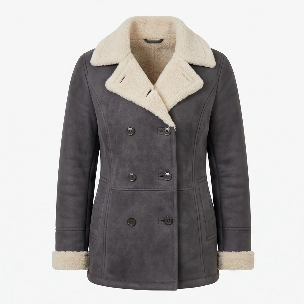Women’s Charcoal Grey Double-Breasted Suede Shearling Peacoat - Image 2