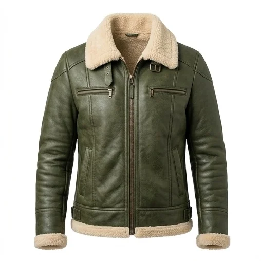 Women's Olive Green Shearling Café Racer Leather Jacket - Image 3