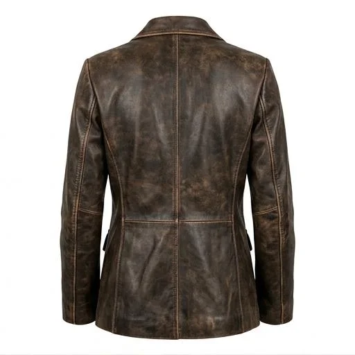 Women’s Vintage Distressed Brown Leather Blazer Coat - Image 3