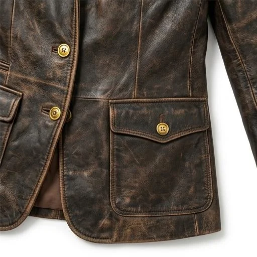 Women’s Vintage Distressed Brown Leather Blazer Coat - Image 5