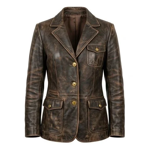 Women’s Vintage Distressed Brown Leather Blazer Coat - Image 2