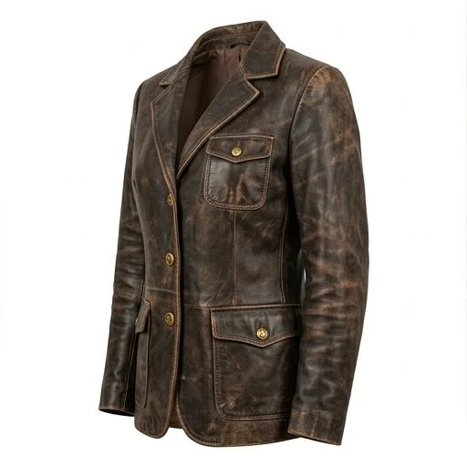 Women’s Vintage Distressed Brown Leather Blazer Coat - Image 4