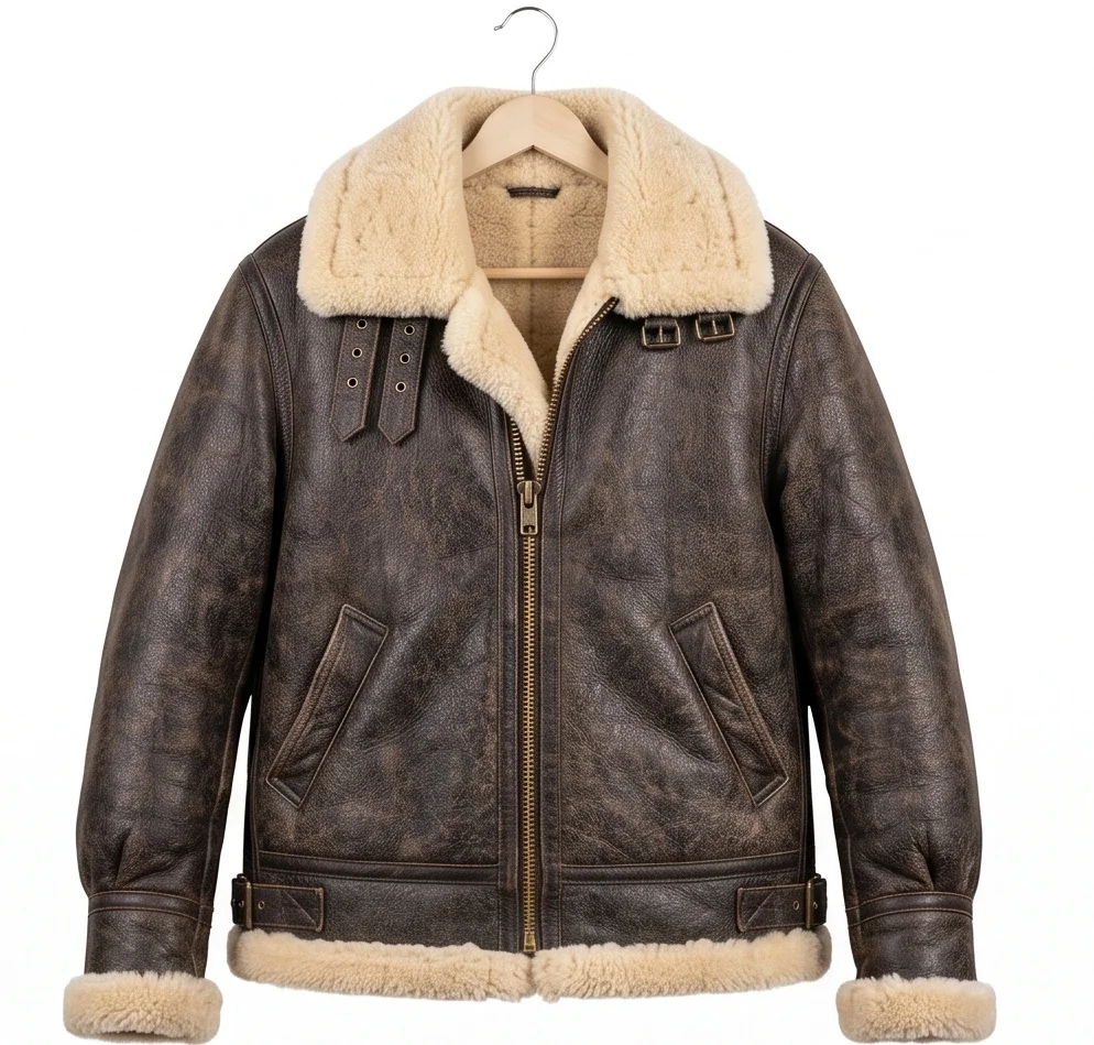Heavyweight Distressed Brown Shearling Aviator Flight Jacket - Image 2