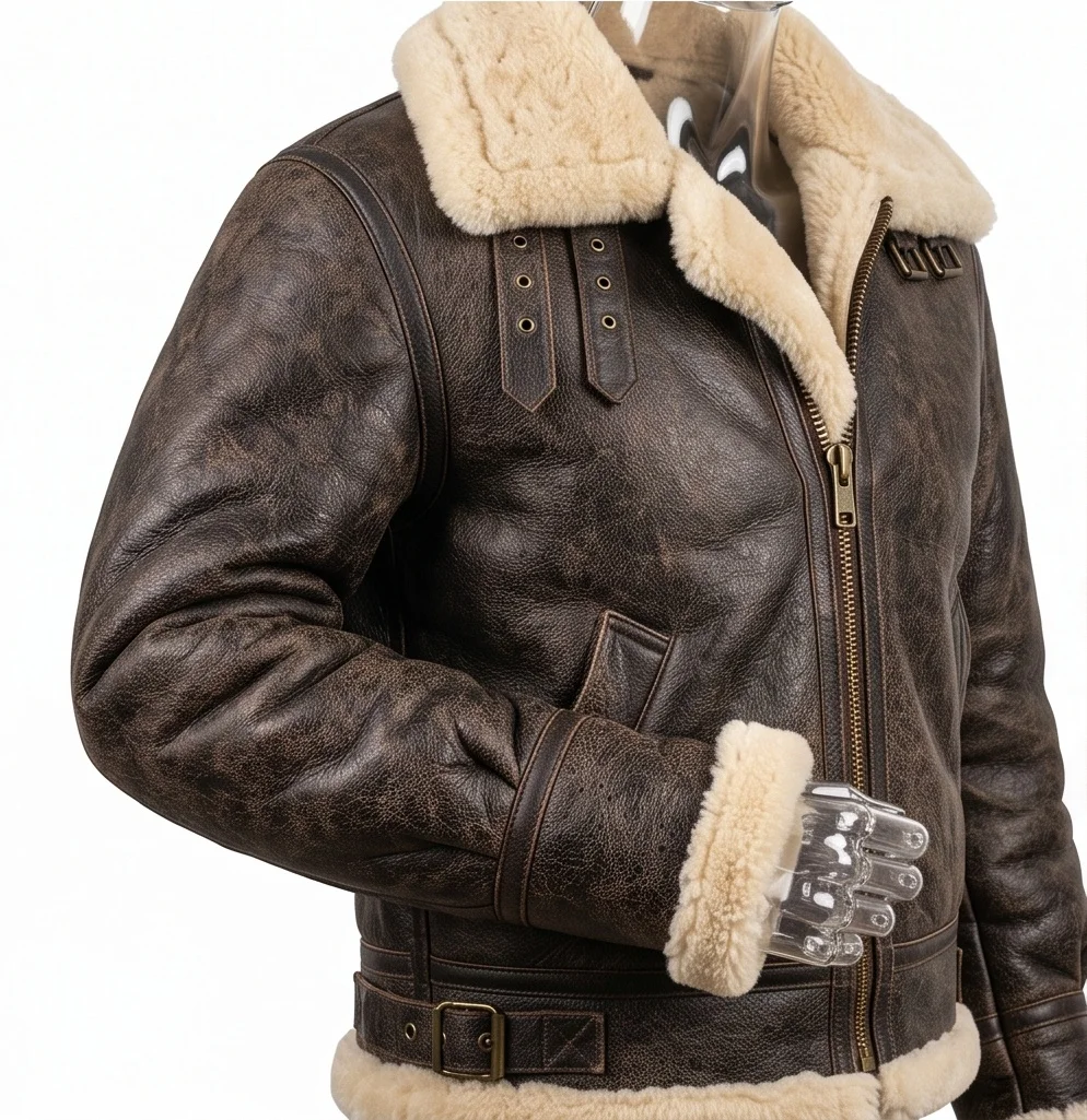 Heavyweight Distressed Brown Shearling Aviator Flight Jacket - Image 4