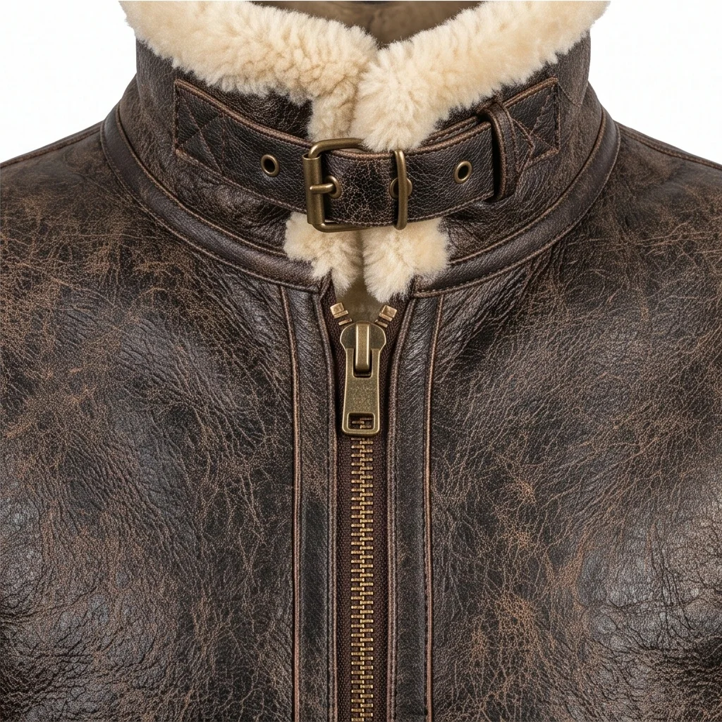 Heavyweight Distressed Brown Shearling Aviator Flight Jacket - Image 5