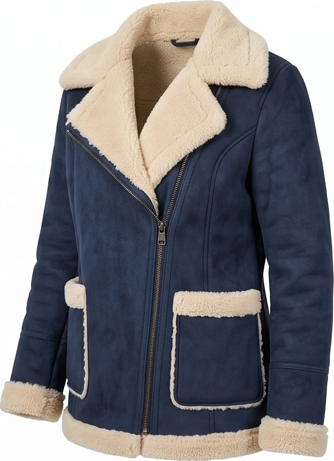 Women’s Blue Double-Sided Faux Shearling Aviator Jacket - Image 6
