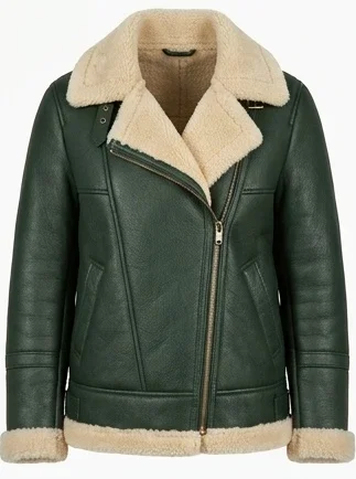 Women’s Forest Green Shearling Lined Leather Jacket - Image 2