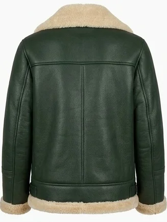 Women’s Forest Green Shearling Lined Leather Jacket - Image 3